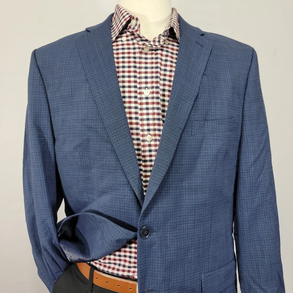 Calvin Klein Men's Sport Coat‎ Blazer Two Button Navy Blue Checked Wool Size 44R